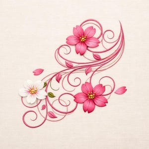Könnte beinhalten: Gesticktes Blumendesign mit drei rosa Blüten mit gelben Zentren, einer weißen Blüte und rosa Blättern und Wirbeln auf cremefarbenem Hintergrund. Das Design umfasst fallende Blütenblätter und erzeugt eine zarte und elegante Ästhetik.