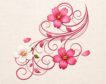 Pink Blossom Floral Swirl Embroidery Design Botanical Vine Machine Stitch Digital File