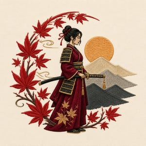 May include: An embroidery design featuring a figure in a dark red kimono and armour holding a katana. The scene includes a crescent-shaped branch with bright red maple leaves, a golden sun, and layered mountain silhouettes in the background.