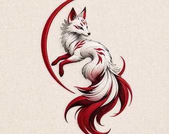 Kitsune Fox Embroidery Design Japanese Mythical Spirit Elegant Machine Stitch Digital Download Pattern File