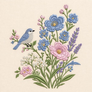 May include: Embroidered design of a blue bird on a branch, surrounded by pink and blue flowers, green leaves, and lavender. The artwork is set against a cream background, creating a soft, floral theme.