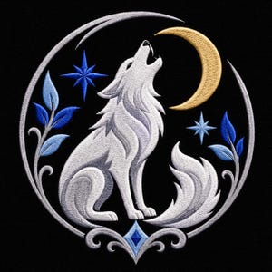 White Wolf Embroidery Design Moon Howling Celestial Forest Mystical Wildlife Sweatshirt Shirt Gift