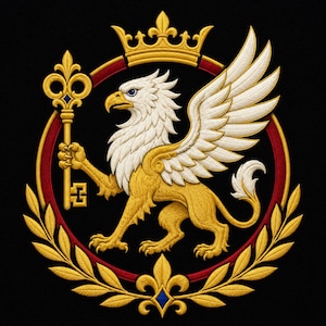 May include: An embroidered emblem featuring a gold and white griffin holding a gold fleur-de-lis key. The griffin is centered within a circular red and gold frame, topped with a gold crown and surrounded by gold laurel leaves on a black background.