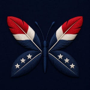 May include: An embroidered butterfly design on a dark navy background. The upper wings feature red, white, and blue feather-like patterns. The lower wings are dark navy with three white embroidered stars on each side and a central body.