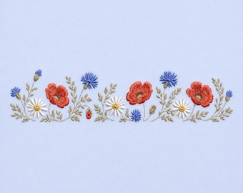 Wildflower Border Embroidery Design Poppy Daisy Cornflower Meadow Garland Pattern