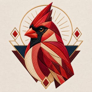 May include: An embroidered patch featuring a geometric cardinal bird in shades of red, black, and cream. The design includes a circular gold sunburst, diamond accents, and a dark blue triangular base, all rendered with visible thread textures.