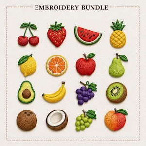 Op de afbeelding: Een borduurpakket met diverse kleurrijke fruitontwerpen. De collectie bevat kersen, een aardbei, watermeloen, ananas, citroen, sinaasappelschijf, appel, peer, avocado, banaan, druiven, kiwi, kokosnoot en een perzik. De tekst "EMBROIDERY BUNDLE" staat bovenaan.