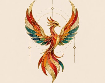 Majestätischer Phoenix Stickdatei Feuriger Mythischer Vogel Himmlisch Boho Dekoratives Kunstwerk