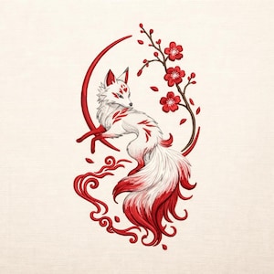 May include: Embroidered design of a white fox with red markings, a red crescent moon, and a branch of red flowers. The fox has a fluffy tail and is surrounded by red decorative swirls. The design is on a cream-colored background.