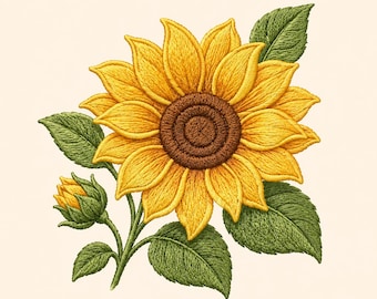 Puede incluir: Un diseño de girasol bordado que presenta una gran flor amarilla vibrante con un centro marrón oscuro texturizado, acompañado de un capullo cerrado más pequeño y varias hojas verdes detalladas con patrones de costura visibles.