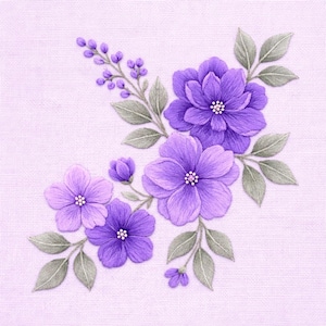 May include: Embroidered floral design featuring purple flowers and green leaves on a light pink background. The flowers have detailed petals and white centers. The leaves are a muted green, and the overall design is delicate and detailed.