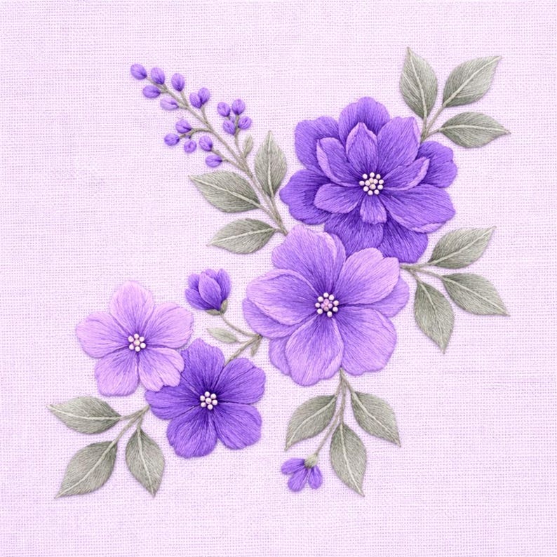 Purple Floral Embroidery Pattern Violet Flower Bouquet Machine Stitch ...