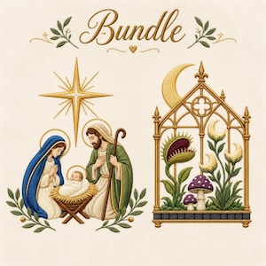 May include: An embroidery design featuring the word Bundle at the top. On the left, a nativity scene with a star, a figure in a blue robe, a figure in a green robe, and a baby in a manger. On the right, a gothic arch frame containing a Venus flytrap, mushrooms, and crescent moons.