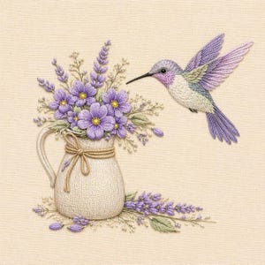 Könnte beinhalten: Gesticktes Kunstwerk mit einem Kolibri und einer Vase mit lila Blumen. Der Kolibri hat lila und grüne Flügel und einen langen schwarzen Schnabel. Die Vase ist weiß mit einer Schnurschleife. Die Blumen sind lila und gelb, mit grünen Blättern.