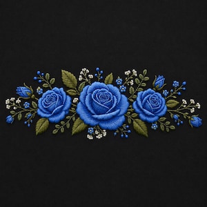 May include: Embroidered floral design featuring three vibrant blue roses, surrounded by green leaves, small white flowers, and blue buds, set against a black background. The detailed embroidery creates a textured, dimensional effect.