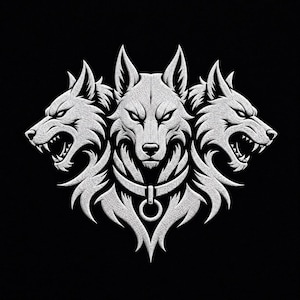 May include: A white embroidered graphic on a black background featuring a three-headed wolf design. The central wolf faces forward, while the two side wolves are turned outward with bared teeth. The central wolf wears a collar with a ring.