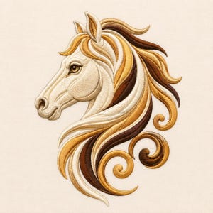 May include: An embroidered horse head profile featuring a flowing mane with layered shades of cream, tan, gold, and dark brown thread. The design includes intricate stitching details on the face and decorative swirling patterns at the base.