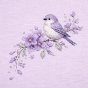 May include: An embroidery design on light purple fabric featuring a small bird with light purple and white feathers perched on a branch of purple flowers with green leaves. The bird has a dark beak and eye, and the flowers have yellow centres.