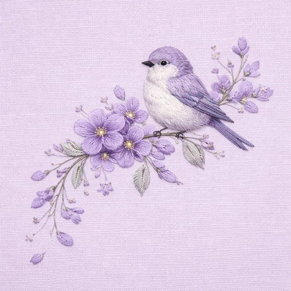 Lavender Bird Embroidery Design Purple Floral Branch Botanical Machine Stitch File Download