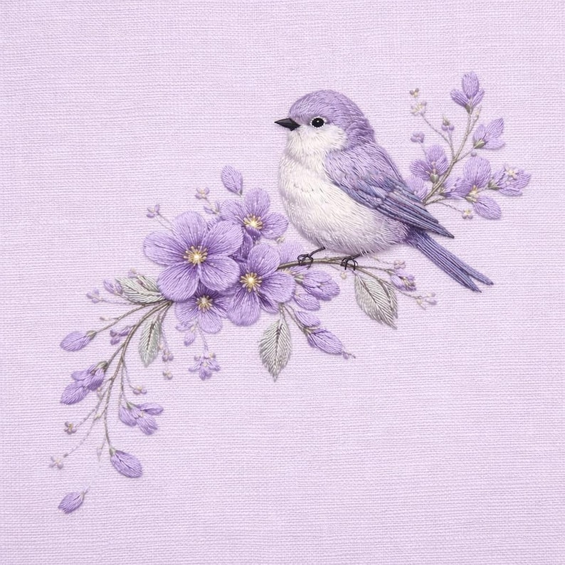 May include: An embroidery design on light purple fabric featuring a small bird with light purple and white feathers perched on a branch of purple flowers with green leaves. The bird has a dark beak and eye, and the flowers have yellow centres.