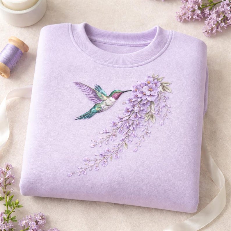 May include: A light purple crewneck sweatshirt featuring a detailed graphic of a hummingbird with iridescent green and pink feathers hovering near a cascading cluster of light purple wisteria flowers with green leaves and delicate stems.