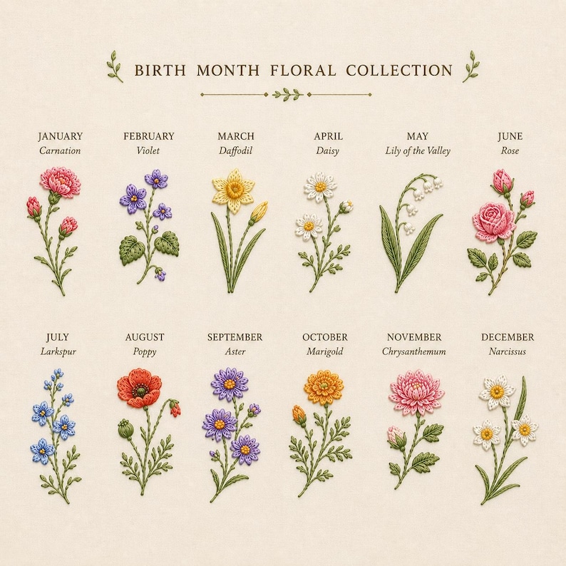 May include: A Birth Month Floral Collection chart featuring twelve embroidered flower illustrations labeled by month: January Carnation, February Violet, March Daffodil, April Daisy, May Lily of the Valley, June Rose, July Larkspur, August Poppy, September Aster, October Marigold, November Chrysanthemum, and December Narcissus.
