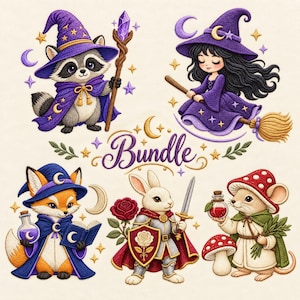 Puede incluir: Un paquete de ilustraciones digitales con cinco personajes: un mapache mago con bastón, una bruja en escoba, un zorro mago con poción y libro, un conejo caballero con espada y escudo, y un ratón con sombrero de seta y una poción.