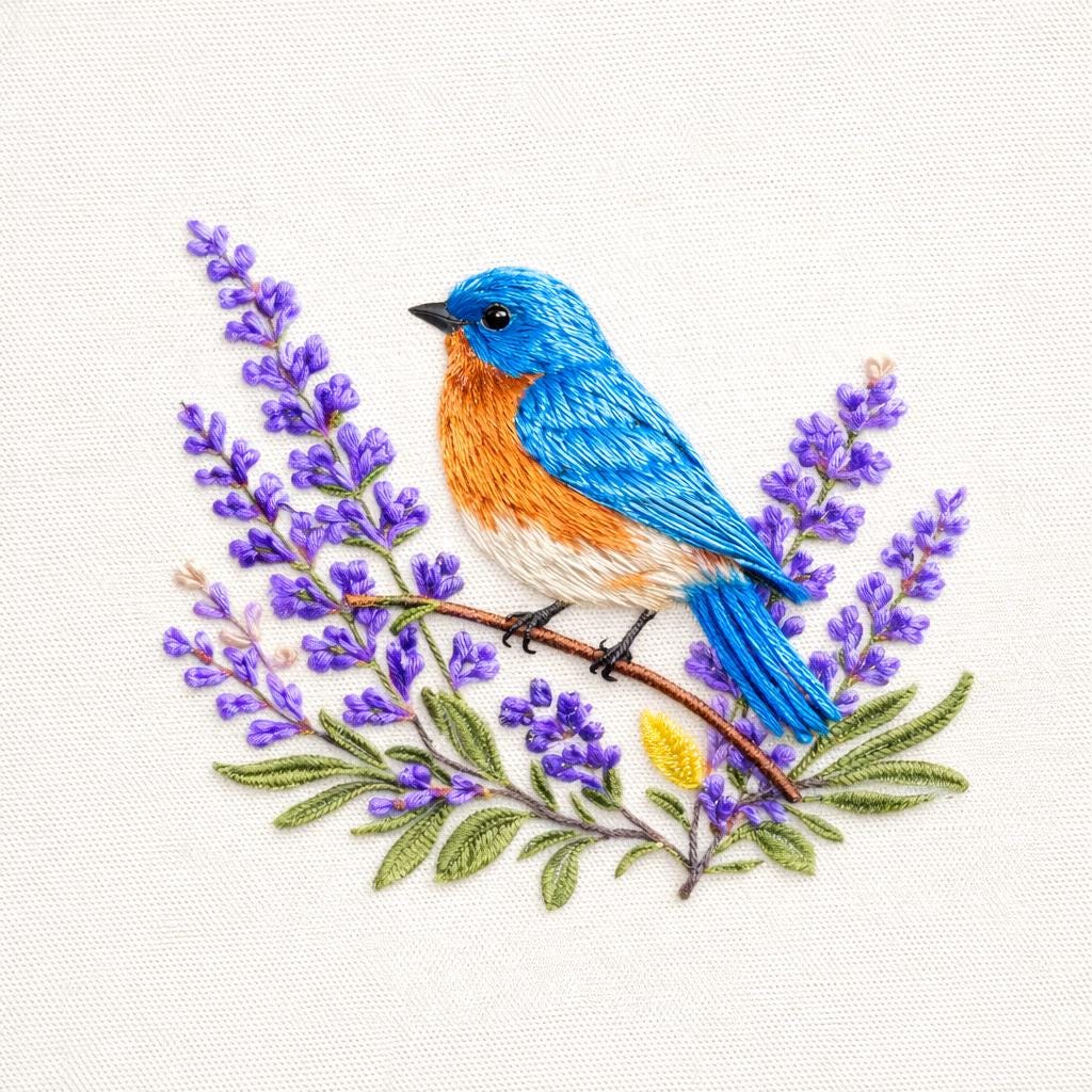Bluebird Lavender Embroidery Design File Floral Bird Wildflower Machine ...