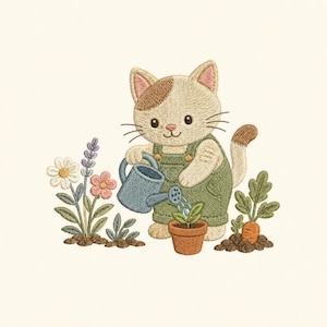 Puede incluir: Un diseño de bordado que muestra un gato de color crema con una mancha marrón en la cabeza, vistiendo un overol verde. El gato sostiene una regadera azul, regando una pequeña planta en una maceta de terracota, rodeado de flores y una zanahoria.
