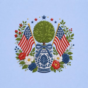 Patriotische Topiary Vase Stickdatei Amerikanische Flagge Florales Erbarrangement