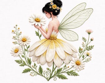 May include: A whimsical illustration of a fairy adorned with a daisy-petal dress and wings. The fairy has black hair with daisy accents and is holding a large daisy. The image is surrounded by daisies and green foliage on a white background.