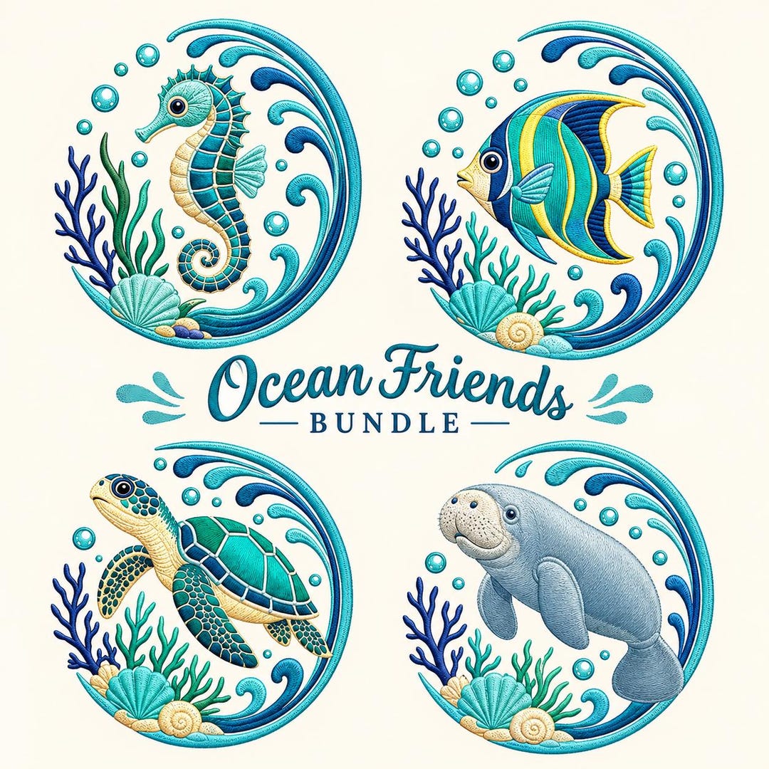 Ocean Friends Bundle Machine Embroidery Designs With Seahorse Turtle ...
