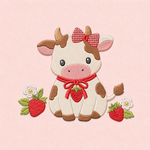 May include: An embroidered patch featuring a cream-colored cow with brown spots, wearing a red and white checkered bow on its head and a red ribbon around its neck. A red strawberry hangs from the ribbon, flanked by two strawberry plants.