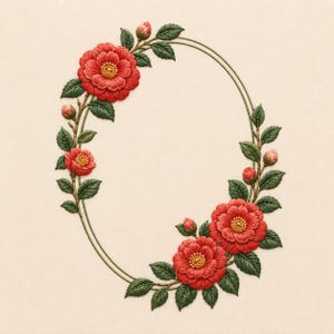 Op de afbeelding: Een ovaal bloemenkransontwerp met levendige rode bloemen met gele centra en groene bladeren. De bloemen en bladeren zijn gerangschikt rond een dubbel gevoerd ovaal frame, tegen een crèmekleurige achtergrond. Het ontwerp roept een vintage of botanisch thema op.