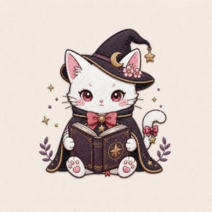 Puede incluir: Ilustración de un gato blanco con un sombrero de bruja negro adornado con una luna creciente y flores. El gato lleva una capa negra y una pajarita rosa, sosteniendo un libro morado oscuro con un emblema de estrella dorada.