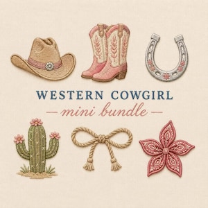 Pode incluir: Um conjunto de designs de bordado com um chapéu de cowboy bege, botas de cowboy rosa e brancas, uma ferradura prateada, um cacto verde com flores rosa, um laço de corda e uma flor rosa. O texto diz WESTERN COWGIRL mini bundle.