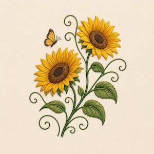May include: Embroidered image of two sunflowers with yellow petals and brown centers, green leaves, and a small butterfly. The sunflowers are on a cream-colored background.