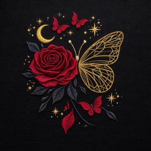 May include: Embroidered design of a red rose, a gold butterfly, and three red butterflies on a black background. A gold crescent moon and stars complete the design. The embroidery has a detailed, textured appearance.