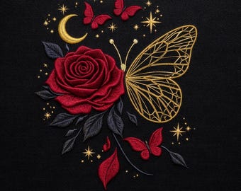 Red Rose Butterfly Moon Embroidery Design Gothic Floral Machine Stitch Digital File