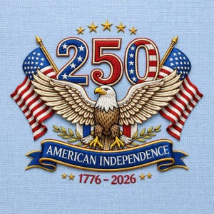 Peut inclure: Broderie représentant un aigle chauve aux ailes déployées, le chiffre "250", des drapeaux américains, et les textes "AMERICAN INDEPENDENCE" et "1776-2026" sur fond bleu clair. Le design est patriotique et commémore un événement.