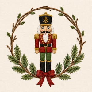 Puede incluir: Un diseño de bordado que muestra un cascanueces con uniforme rojo, verde y negro con detalles dorados, centrado dentro de una corona circular de ramas marrones y agujas de pino verdes, con un lazo rojo en la parte inferior sobre tela crema.