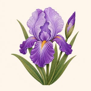 Puede incluir: Un diseño de bordado detallado de una flor de iris púrpura en plena floración, con pétalos ondulados con acentos amarillos en el centro, acompañada de un capullo púrpura cerrado y varias hojas verdes puntiagudas en la base.