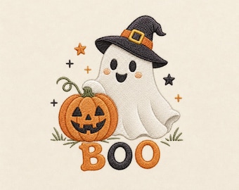 May include: An embroidered design featuring a white ghost wearing a black witch hat with an orange band, standing next to an orange jack-o'-lantern pumpkin. The word BOO is embroidered below in orange and black letters with small stars.
