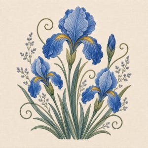 May include: An embroidery design featuring three vibrant blue iris flowers with yellow centres, surrounded by slender green leaves and delicate sprigs of small purple flowers. The composition includes thin, swirling green stems on a cream background.