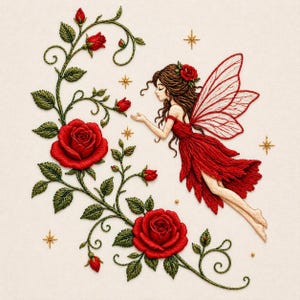 Peut inclure: Broderie représentant une fée en robe rouge et ailes assorties, entourée de roses rouges et de feuilles vertes. Des étoiles et des accents dorés ajoutent des détails, créant une scène florale fantaisiste et détaillée.