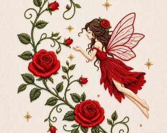 Rose Fairy Embroidery Design Romantic Red Floral Elegant Winged Girl Vintage Botanical Machine Pattern