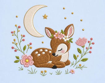 Woodland Fawn Moonlit Blossom Nursery Whimsical Floral Embroidery Pattern Design