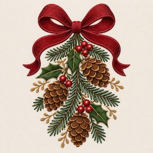 May include: An embroidery design featuring a large red ribbon bow at the top, with a cluster of green pine needles, brown pinecones, and small red berries hanging below. The detailed stitching creates a textured, realistic botanical arrangement.