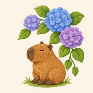 Può includere: Un'illustrazione ricamata di un capibara marrone seduto con gli occhi chiusi, posizionato sotto un grappolo di vivaci fiori di ortensia blu e viola con foglie verdi dettagliate, il tutto realizzato con punti di ricamo strutturati.