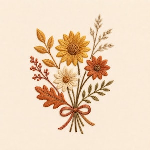 May include: An embroidery design featuring a bouquet of autumn-themed flowers and foliage. The arrangement includes a large golden yellow sunflower, a smaller cream daisy, and a rust-colored flower, accented with brown oak leaves and stems.